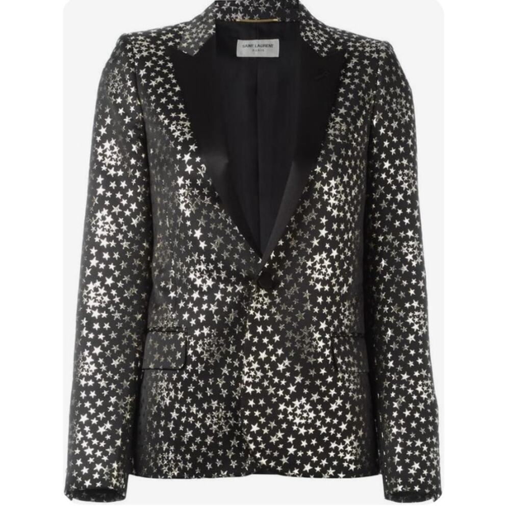 Saint Laurent Paris '16 Le Smoking Star Jacquard Jacket FR 34 US 0 Black Silver